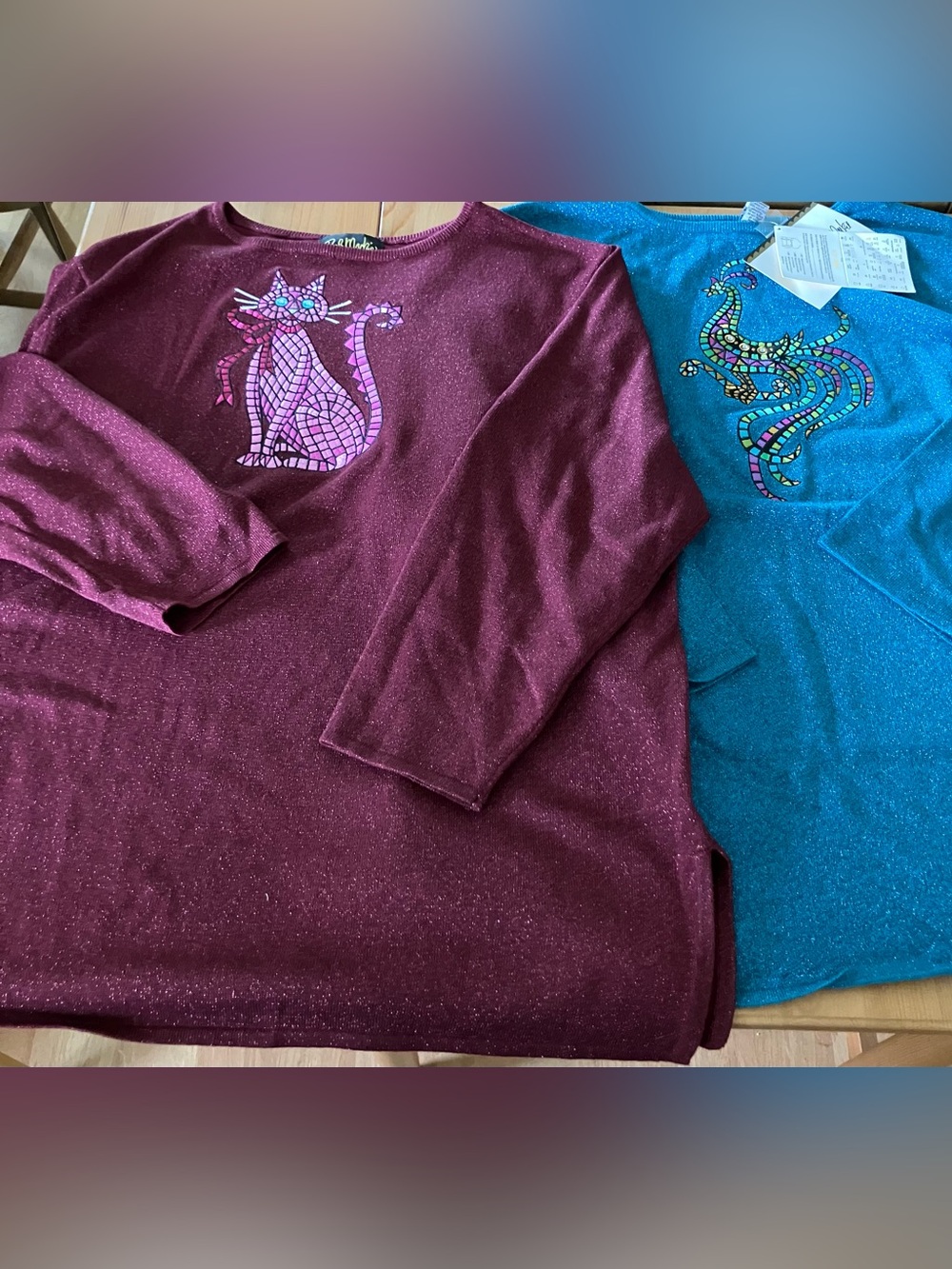 Lot of 2  Bob Mackie Wearable Art Teal & Maroon  Glitter Long Sleeve Size 2X